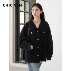 CHIC VEN Fashion Women's Woolen Jacket Loose Black V-neck Office Ladies Coat Single Breasted Female Outerwear Autumn Winter 2024