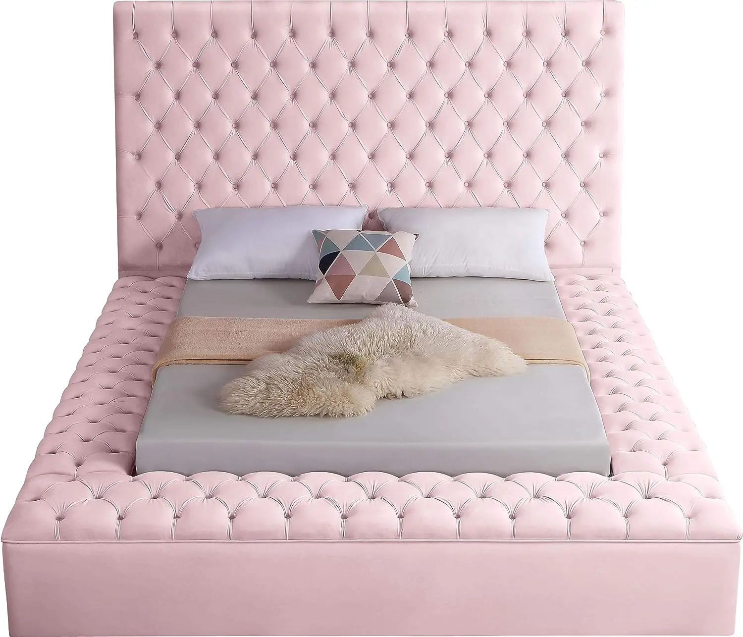 Meridian Furniture Bliss Collection Modern | Contemporary Velvet Upholstered Bed with Deep Button Tufting and Storage Compartmen