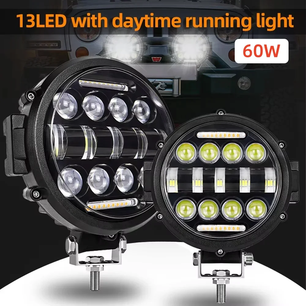 

7 Inch Round Spot LED Pods Light Bar Motorcycle Headlight 60W DRL LED Work Light 6000k for Jeep Car Off Road Truck SUV UTV ATV