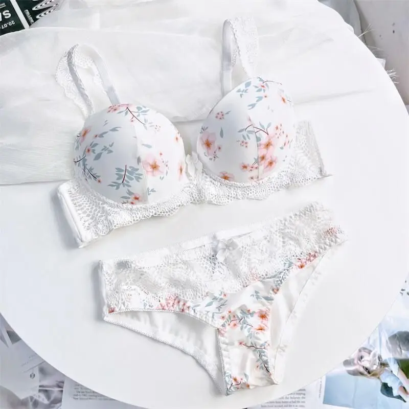 UBAU Printed glossy cute sweet girl summer small breasts gathered lace bra sexy sweet underwear set