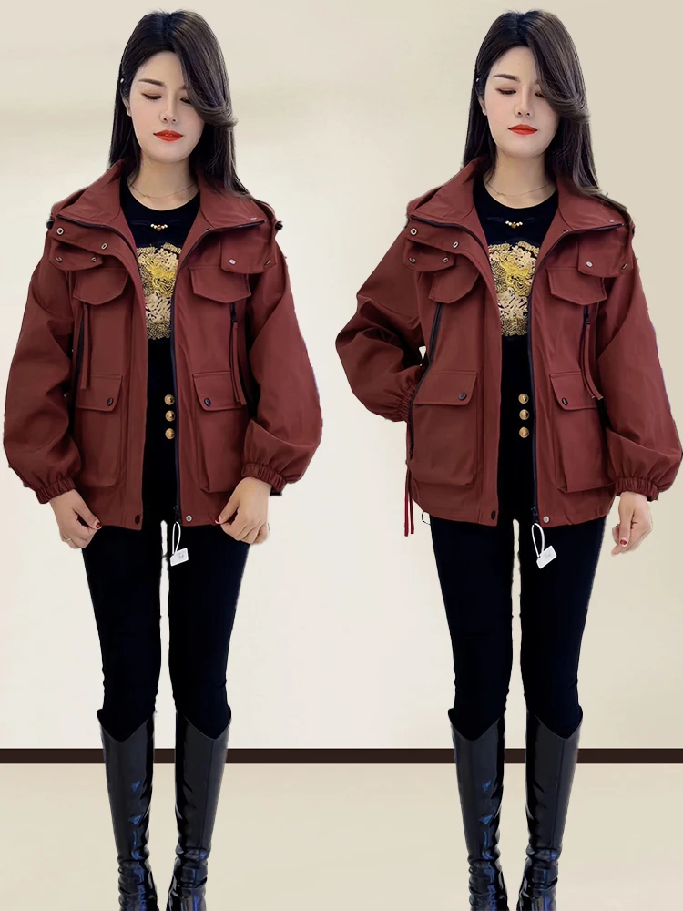 

Ankela Red ort Hooded Jaet Women's Casual Loose Sle Slimming Design Spring Autumn New Arrival Ladies Faion Coat