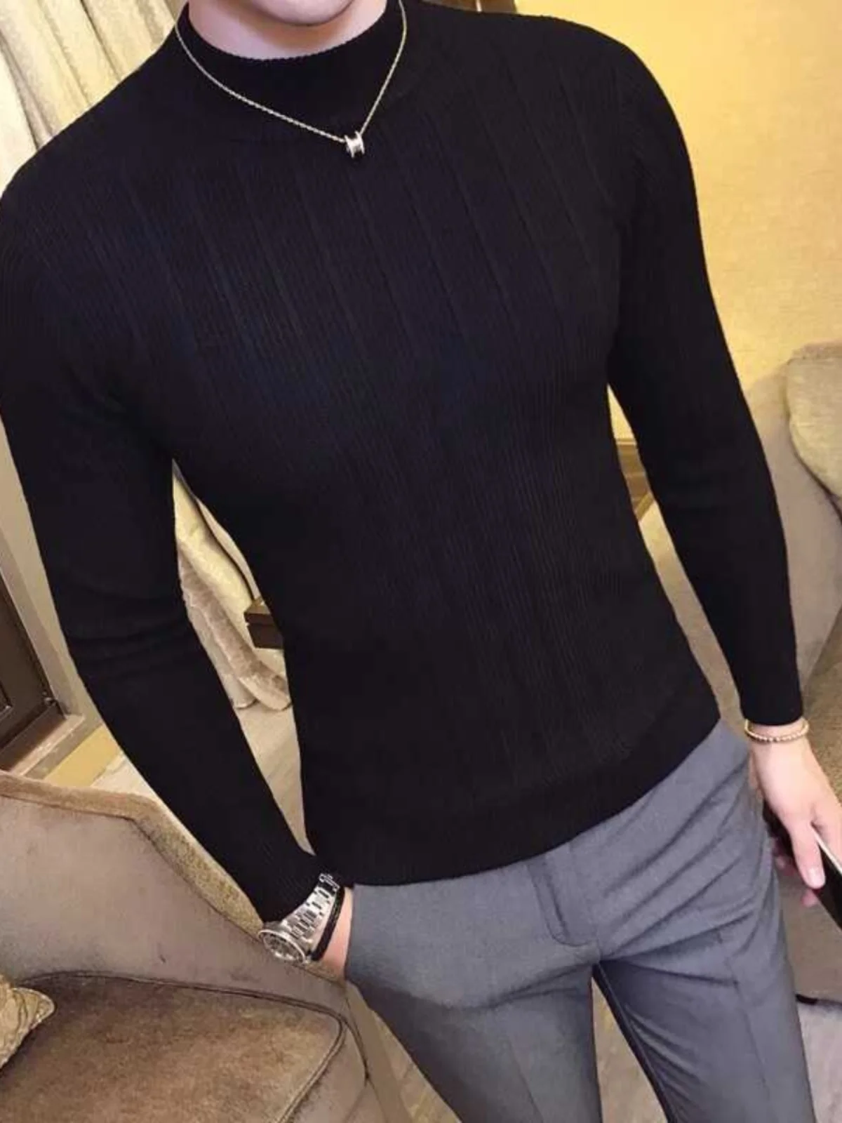 

Мужской вязаный свитер Briti Sle Autumn с полувысоким воротником, повседневный, в полоску, из пряжи, модный, с длинными рукавами