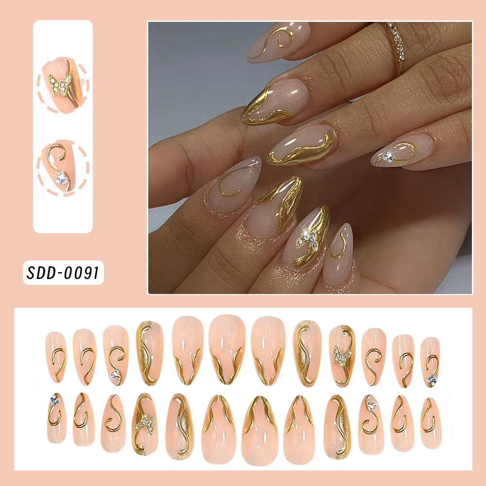 24Pcs Soft Transparent Pink Glossy Fake Nails 3D Gold Metal Swirl Framing False Nails Butterfly Rhinestone Almond Press On Nails