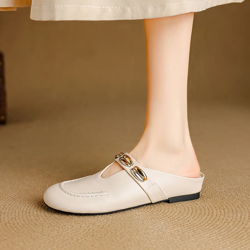 

2025 New Summer Slippers Genuine Leather Women Shoes Fashion Increase Height Mules Med Heels Cover Toe Slippers Sandals