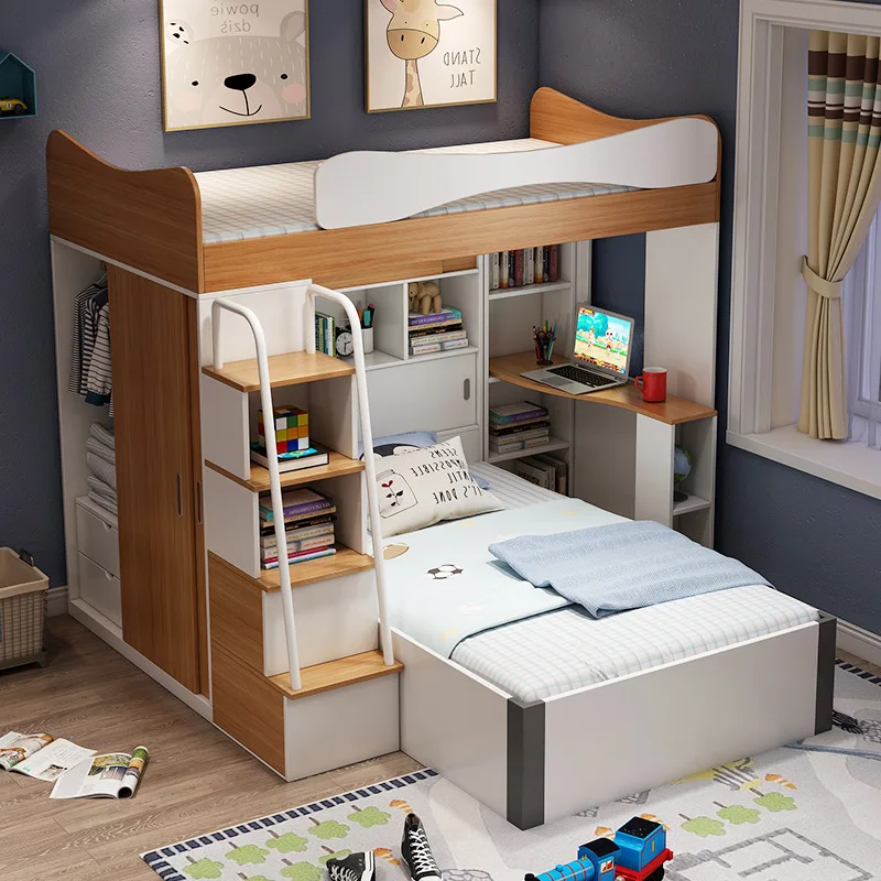 Children's staggered upper and lower beds Bunk beds High and low with desk Go to bed Under table Wardrobe
