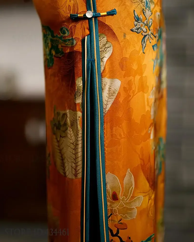 中国風のドレス伝統的なクラシックなマンダリンカラーチャイナドレス大きいサイズプリントフラワー女性ロング袍セクシーなスリム Vestidos