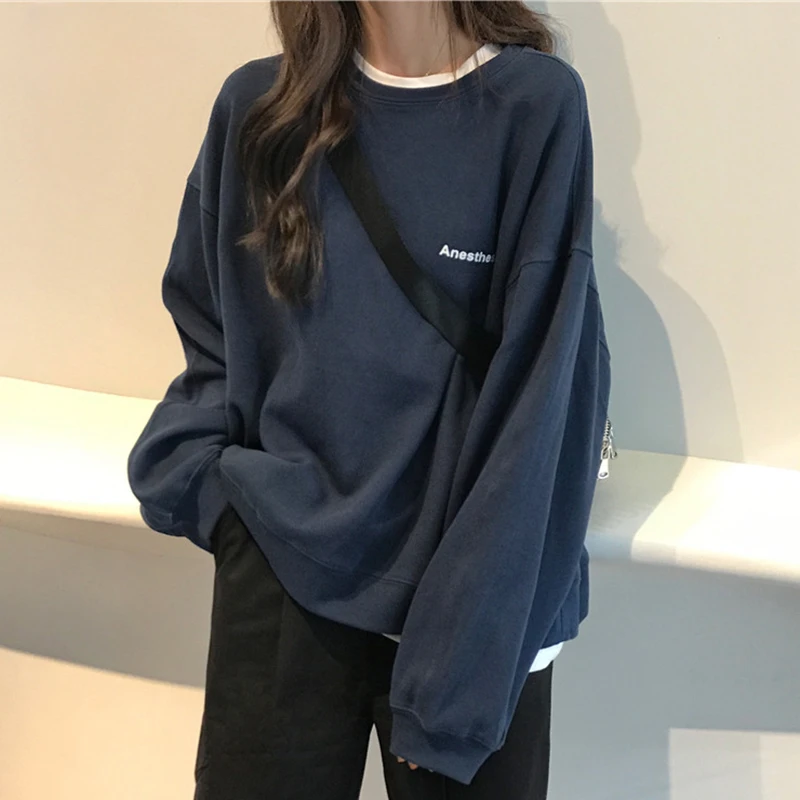 

New Kpop Letter Hoody Fashion Korean Thin Chic Women's Sweatshirts Cool Navy Blue Gray Hoodies for Women M-XXL