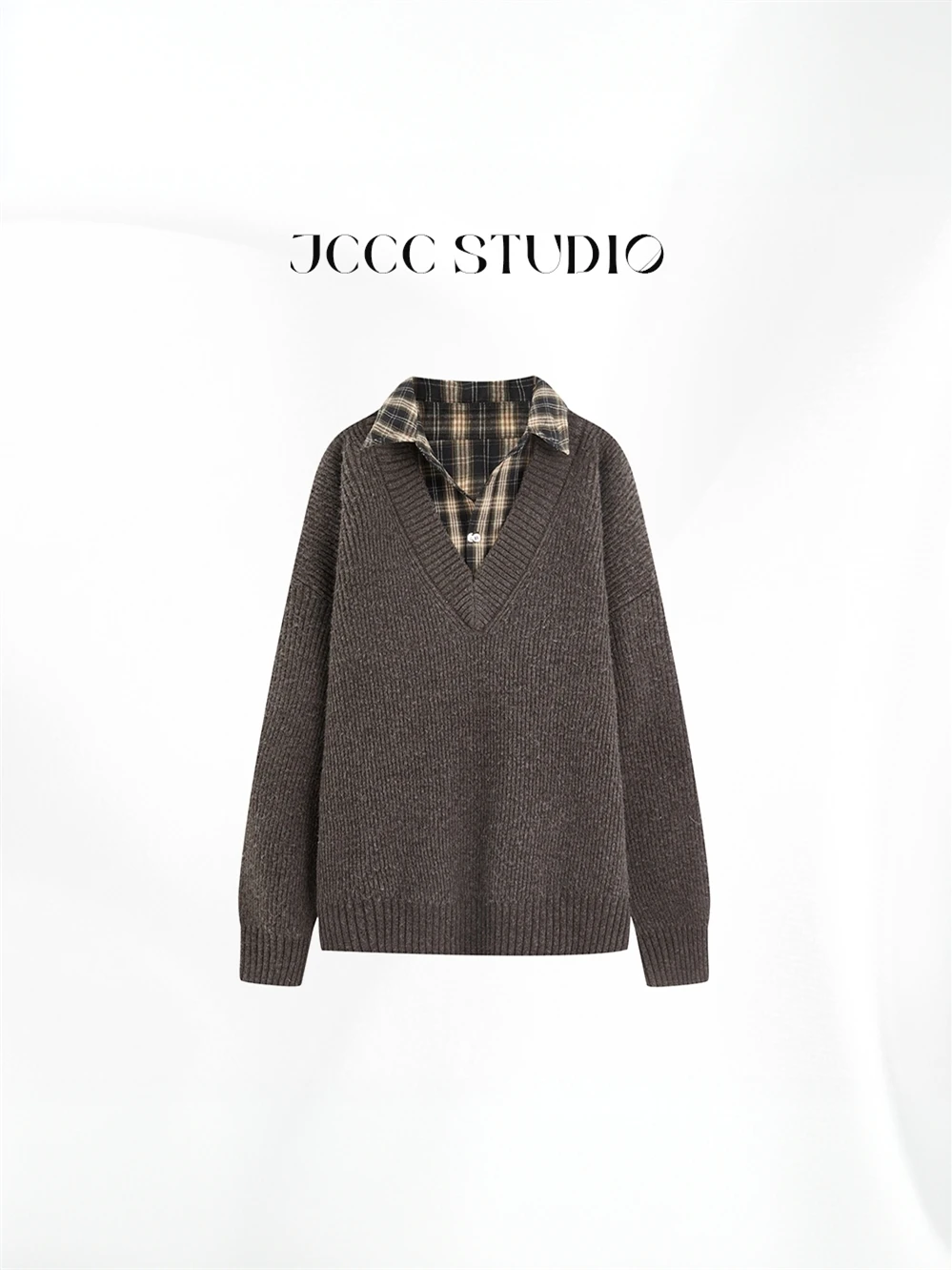 

JCCC Caramel Latte Plaid irt Patchwork Hoodie Deep Brown Fake Two-Piece Knitted Sweater mat Sle Women's Faion