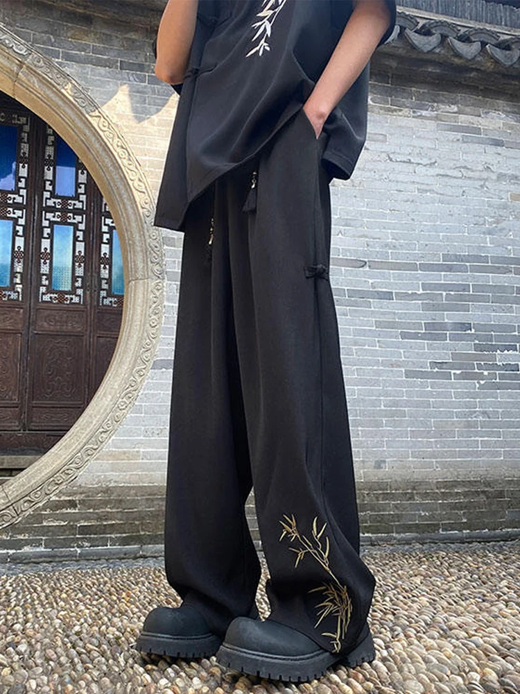 

New Chinese Sle Bamboo Embroidered Ice Silk Straight Leg Men's Trousers Summer Faion Loose Wide Leg Pants Casual Wear
