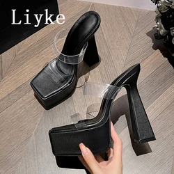 Liyke Black White Chunky Platform Slippers Women Street Sexy Square Toe Super High Heels Transparent Shoes Sandals Zapatos Mujer