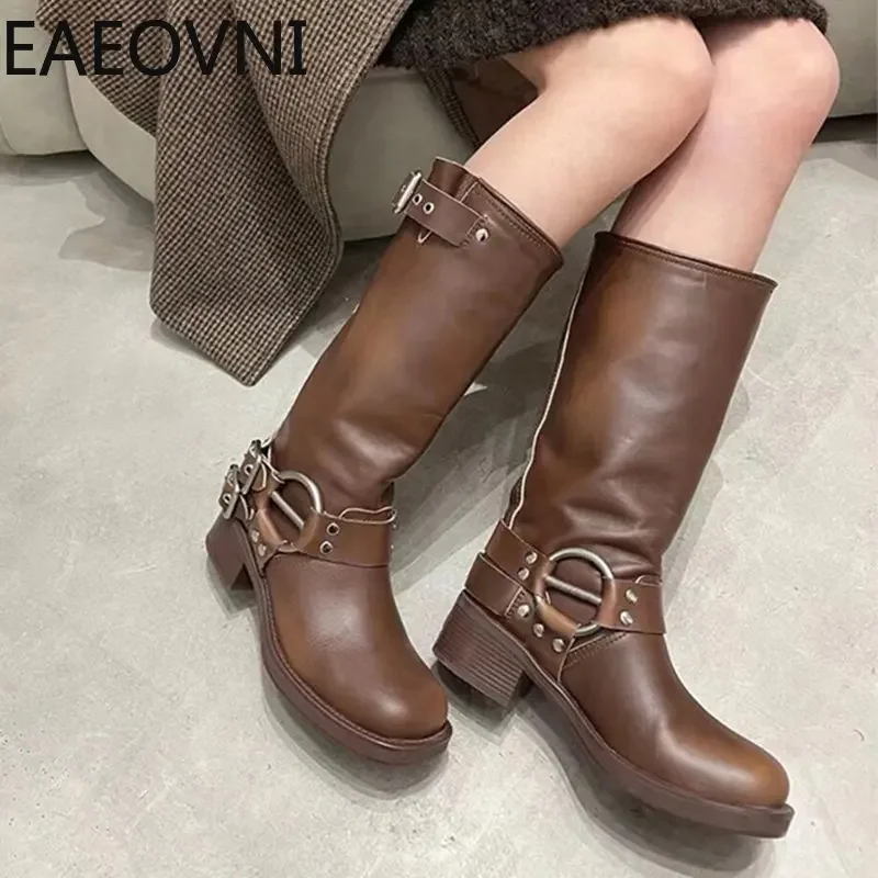 Bottes de chevalier à enfiler au genou pour femmes, bottines de motard pour dames, talon bas, mode, automne, hiver, nouveau, 2023