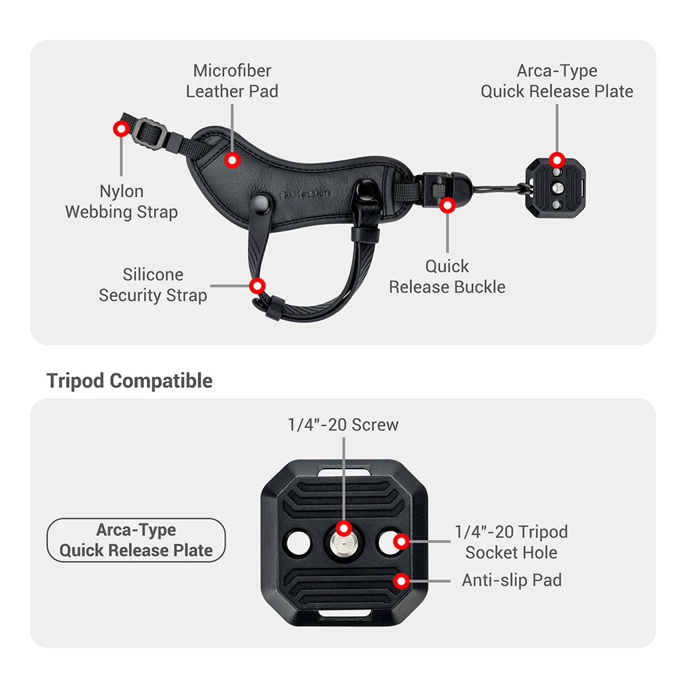 PROfezzion Quick Release สายหนังสายรัดข้อมือ1/4 "-20ด้าย Arca Swiss สำหรับ DSLR กล้อง Mirrorless