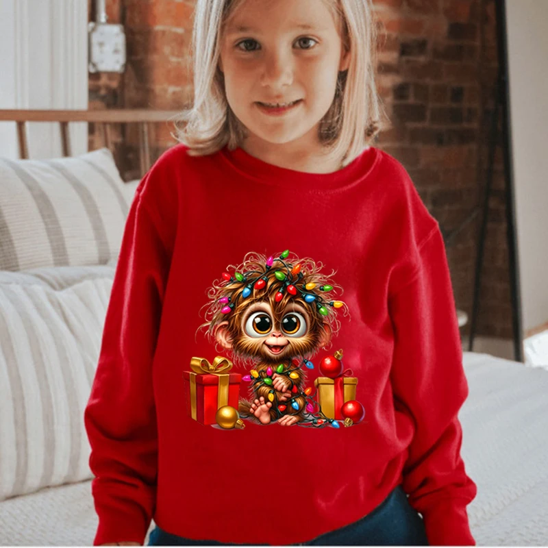 Kids Sweatshirt Christmas Monkey Lamp String Print Boys Girls Y2K Pullover Long Sleeve Crew Neck Tracksuit Fashion Xmas Hoodies