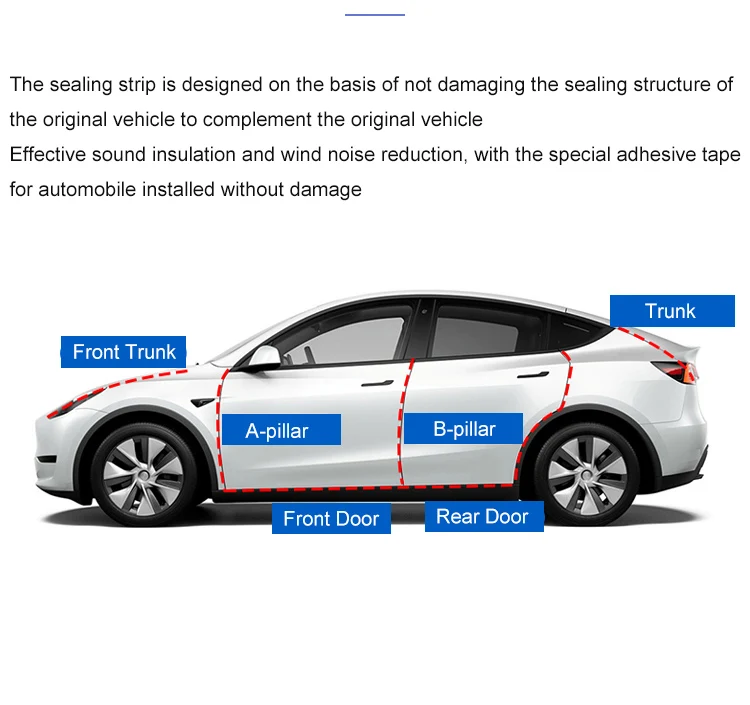 For Tesla Model 3/Y 2017-2022 Door Seal Kit Soundproof Rubber Weather Draft Seal Strip Sunroof Seal Wind Noise Reduction Kit