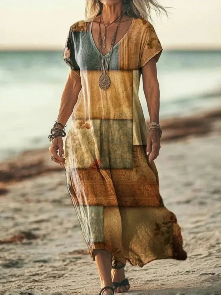 Boho Print Dress For Women  Summer Casual V Neck Short Sleeve Long Dresses Fashion Vacation Loose Beach Women's Vestidos