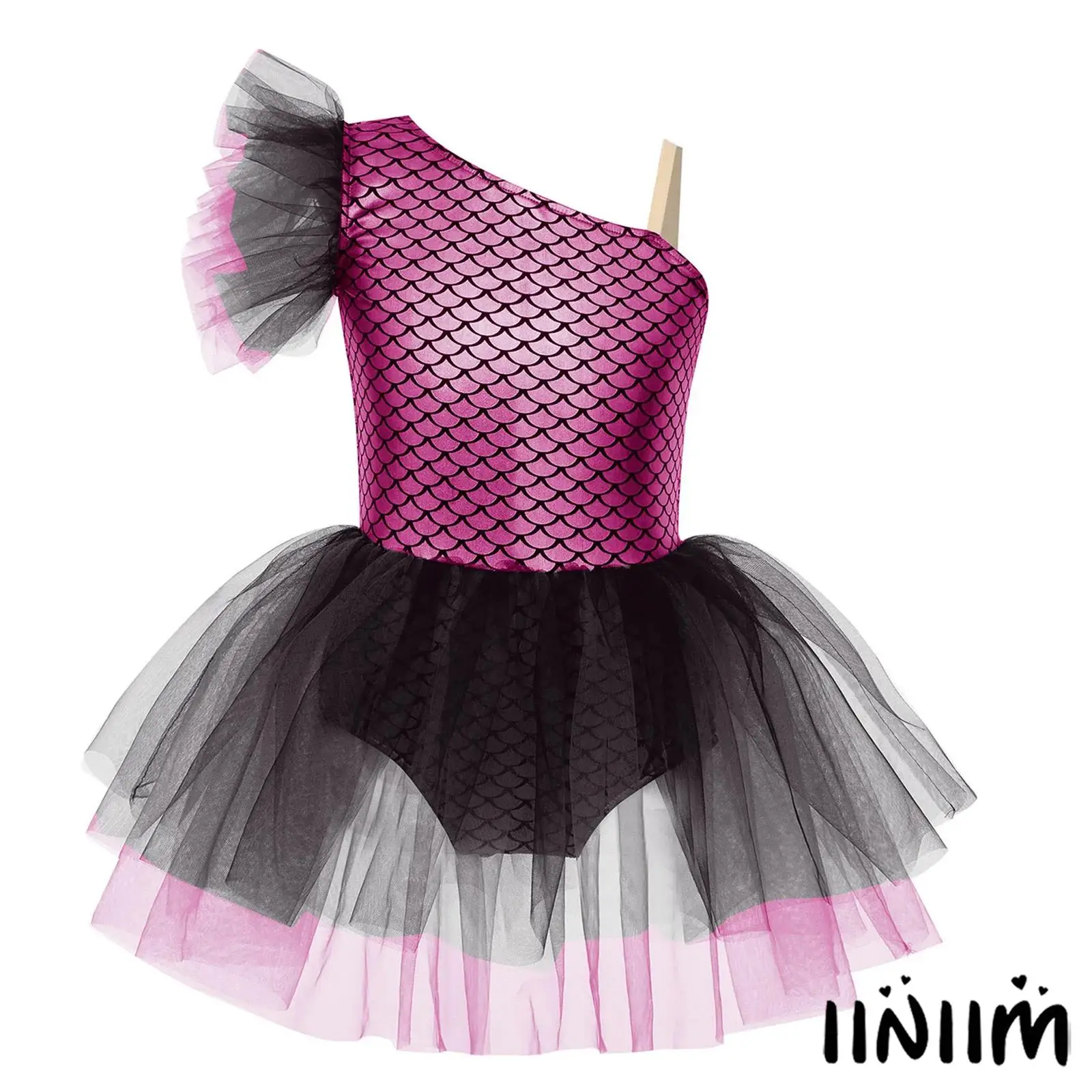

Kids Girls Halloween Carnival Mermaid Princess Bodysuit One Shoulder Sleeveless Fish Scales Print Ballerina Ballet Leotard Dress