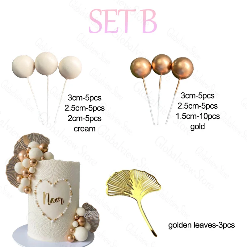 Goldene Blätter, cremeweißgoldene Kugel-Kuchenaufsätze, Boho, einfache Kuchendekoration für Hochzeit, Geburtstag, Party, Dekoration, Babyparty – Detail 2