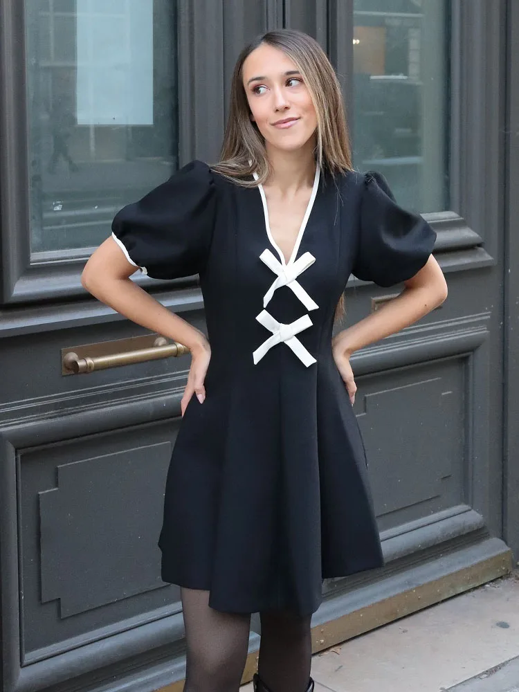 

HH женское весенне-летнее новое мини-платье контрастного цвета с бантом, милое короткое вечернее модное универсальное платье для свиданий