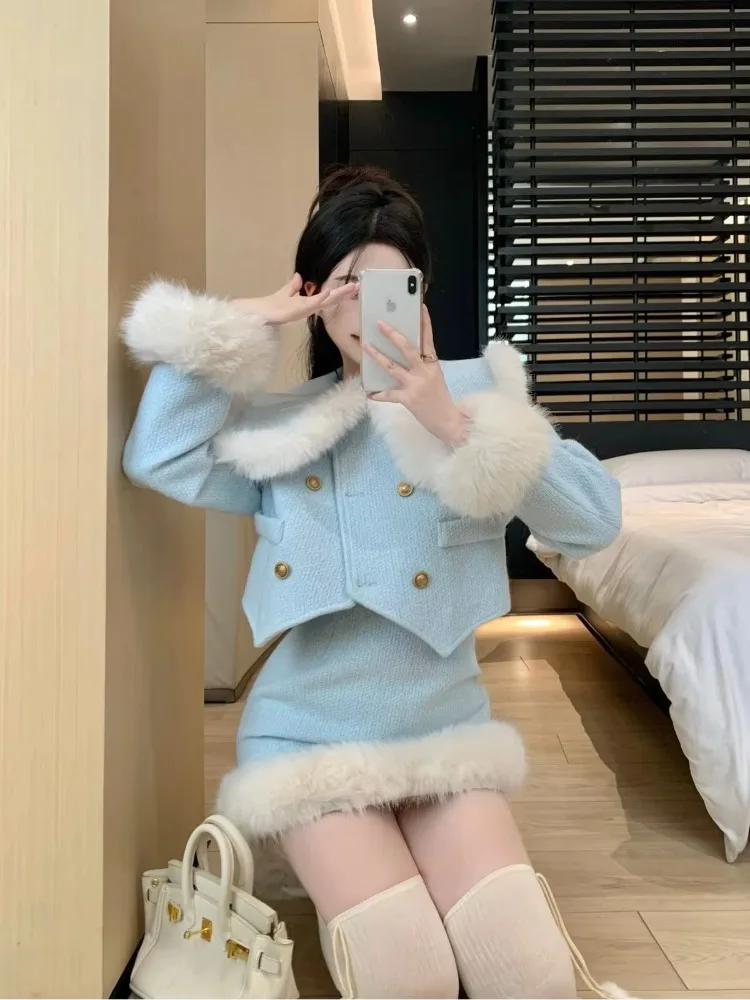 Autumn/winter New Fashionable Youthful Design Elegant Warm Short Jacket Stylish Skirt Two-piece Set for Women Female Office Lady