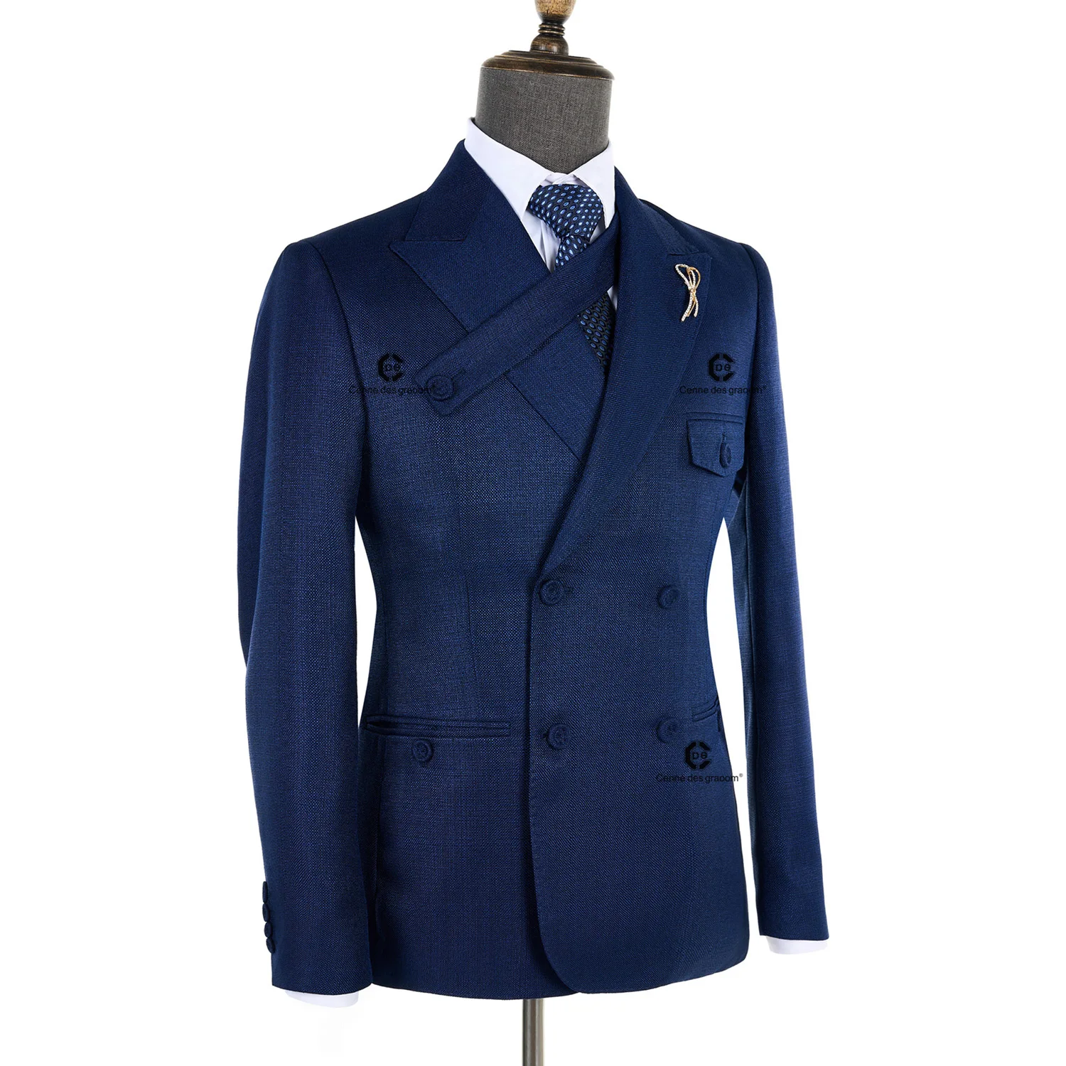 Cenne Des Graoom 2024 New Elegant Blue Man Suits Double Breasted Hand Sewn Buttons 2 Pieces Set High Quality Slim Fit Wedding