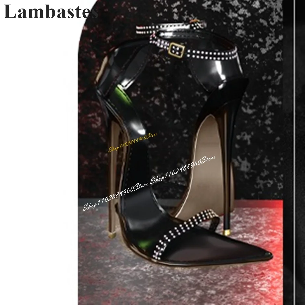 Trendy Black Narrow Crystal Strap Shallow Sandals Thin High Heel Women Shoes Ankle Buckle Strap Open Toe 2024 Zapatillas Mujer