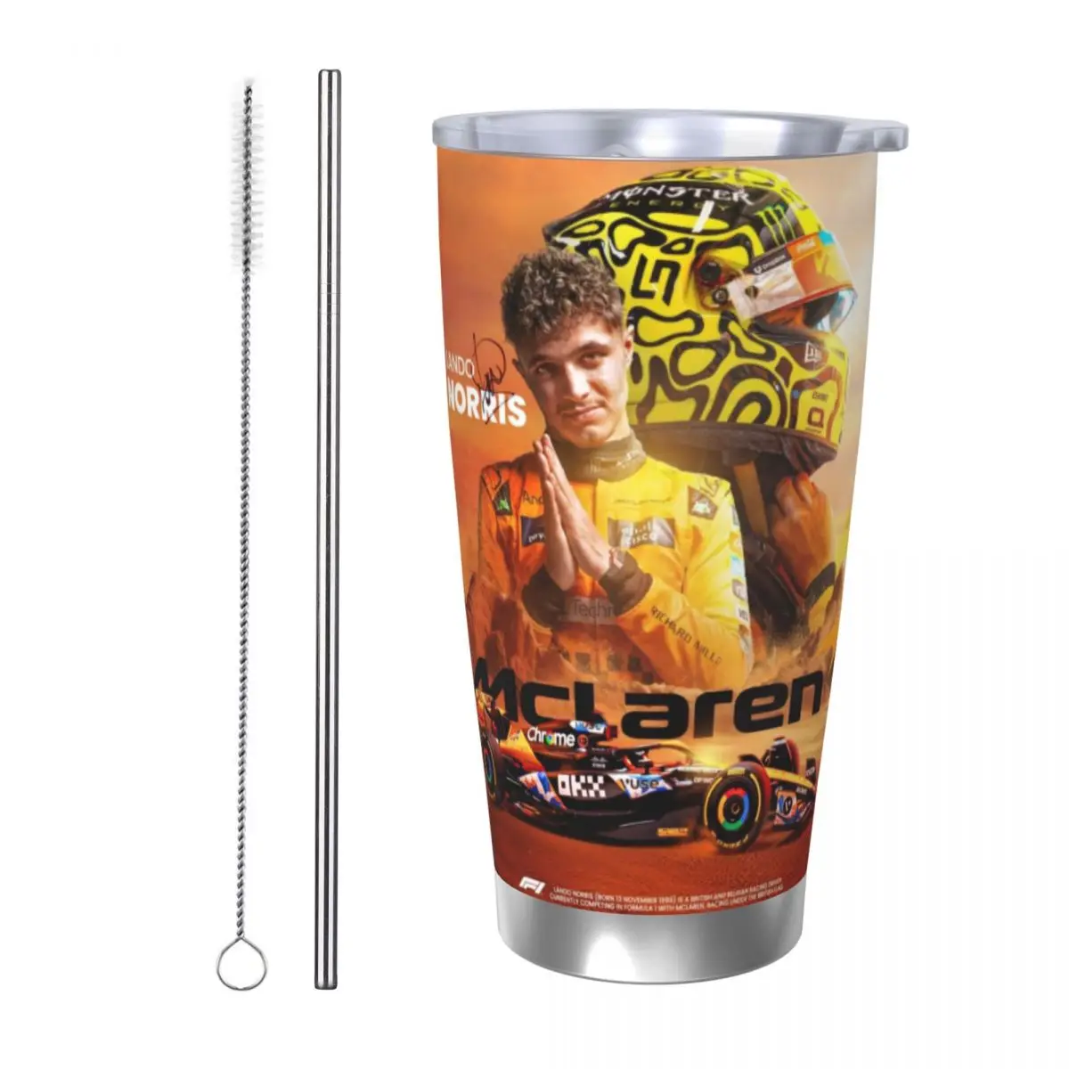 Lando Norris 20oz Stainless Steel Car Mug Straw Thermal Iced Travel Cup Vacuum Insulated Coffee Hot Cup