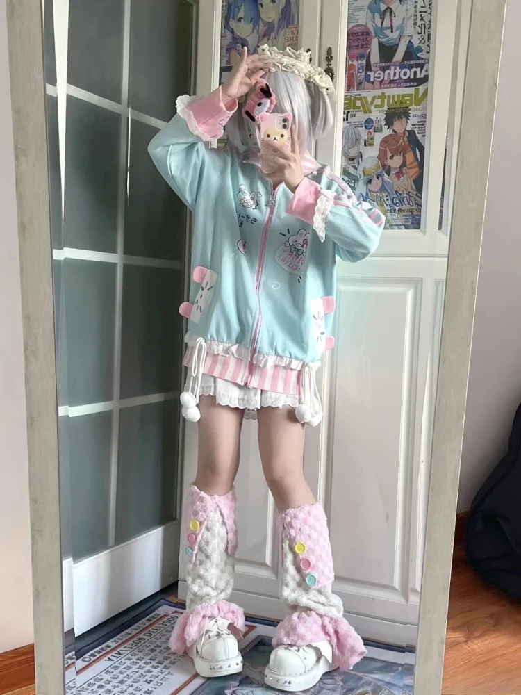 Otoño Kawaii abrigo suelto de manga larga diseño de mujer dulce Patchwork abrigo con cremallera Casual encantador estampado de conejo cárdigan con capucha