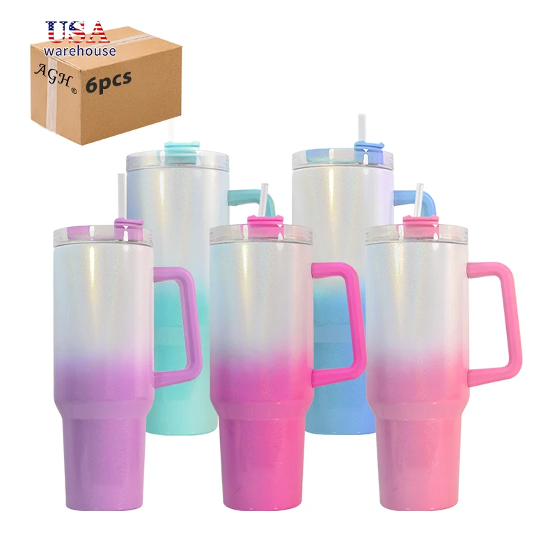 

6pcs Pack 40oz Stainless Steel Double Wall Insulation Ombre Gradient Shimmer Sublimation Blank 40oz Cup Tumbler With Handle He