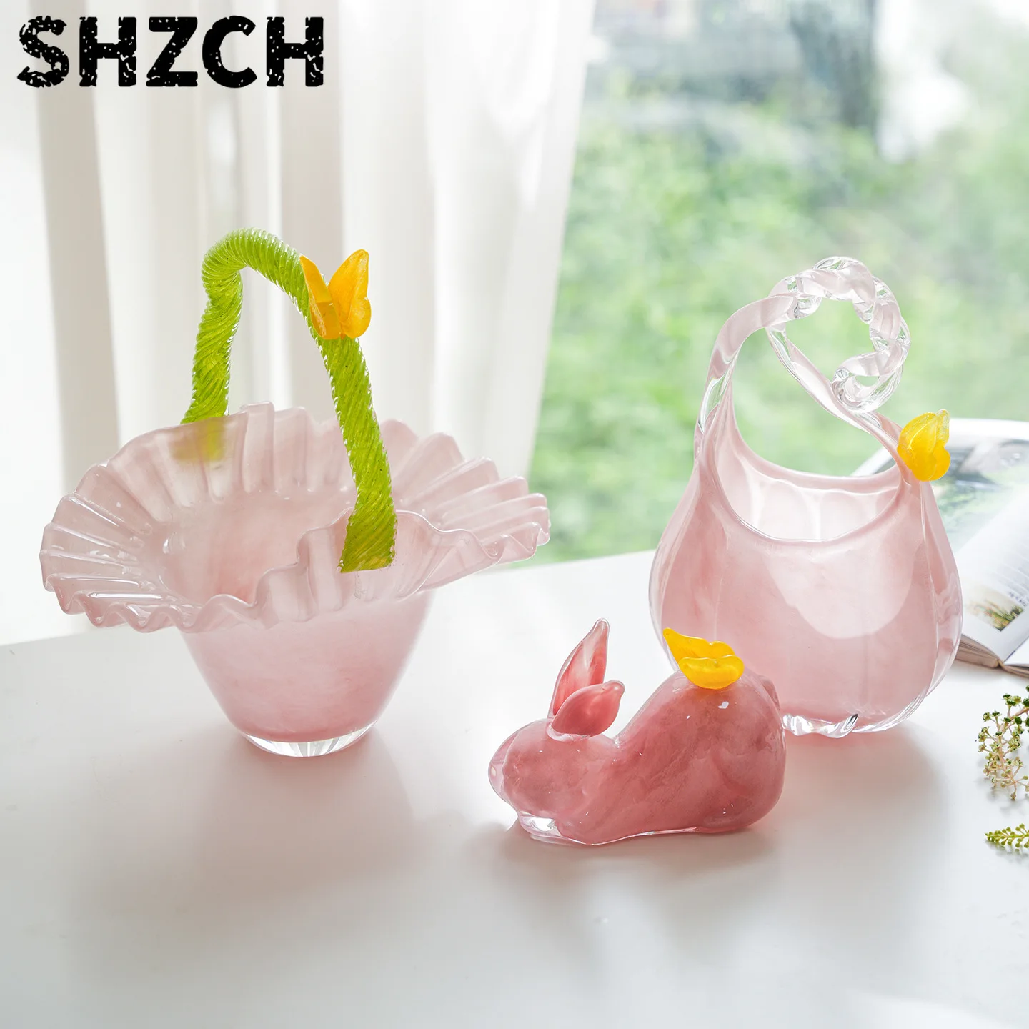 Creative Vintage Color Block Pitcher Basket Vase French Handmade Colored Glaze Glass Vase Floral Arrangement Flower Pot Home Orn