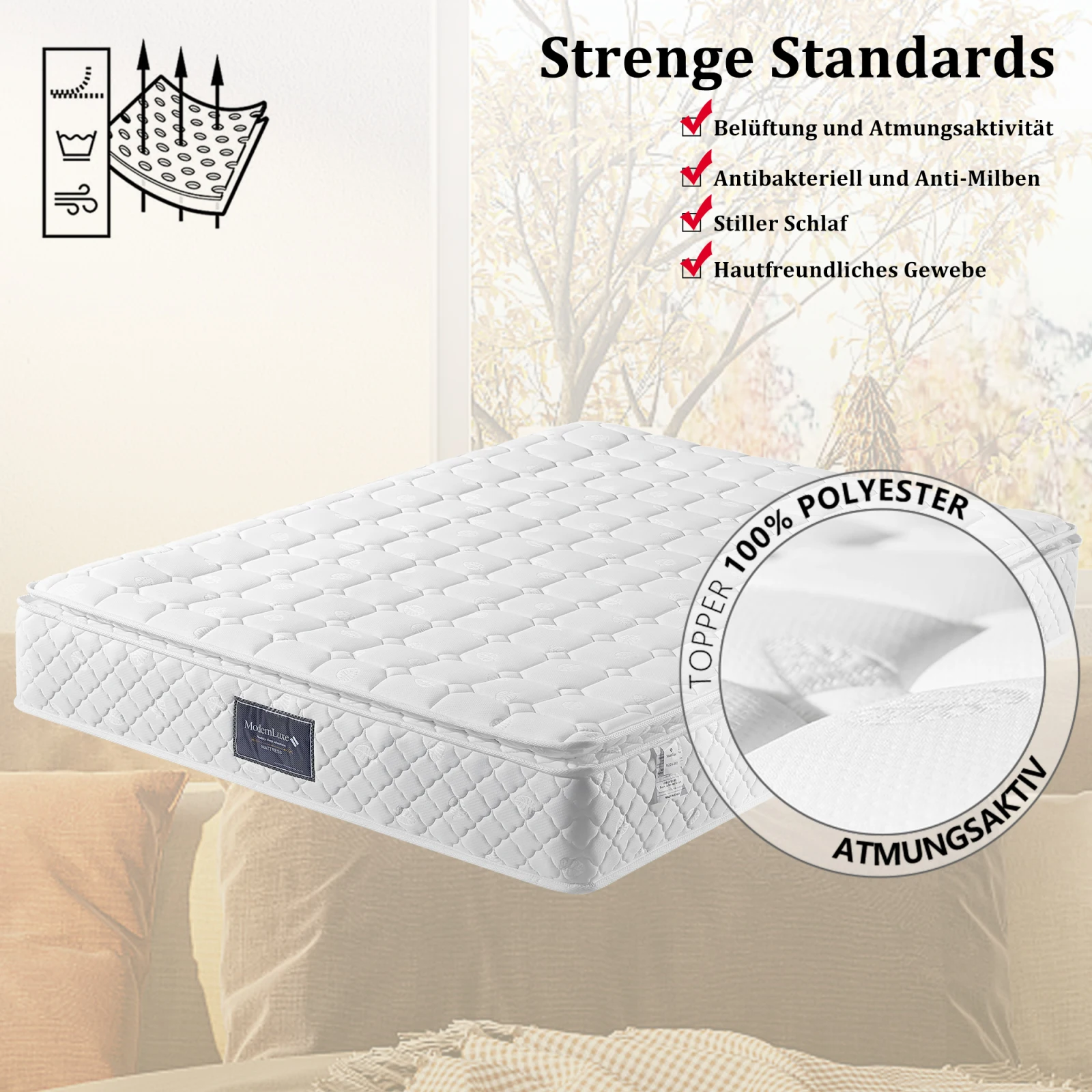 Matelas confortable et respirant 160x200x25cm, double tissu polyester, housse à ressort + mousse ondulée, dureté H3