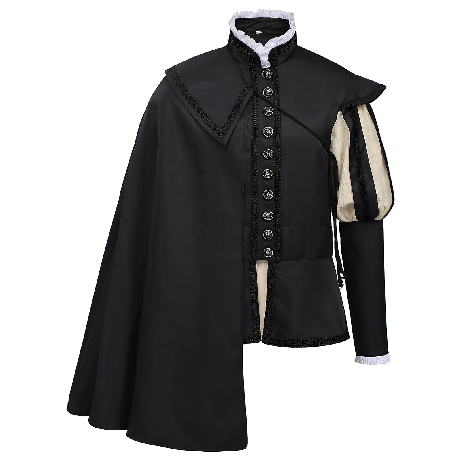 Medieval Men Tudor Elizabethan King Uniform with Cape 18th Century Renaissance Noble Prince Jacket Top Halloween Costume