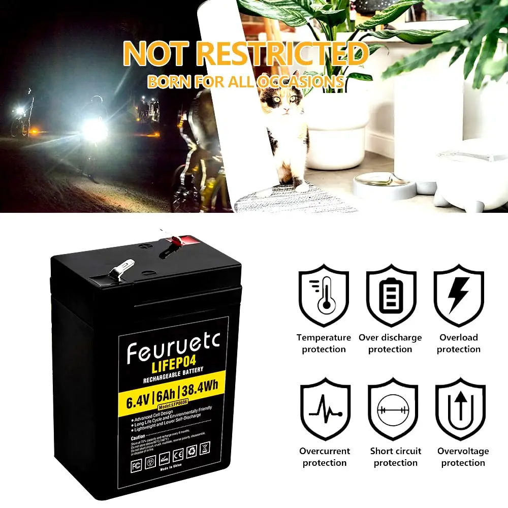 6V 6Ah LiFePO4 Lithium Battery, 2000 Cycles Rechargeable Lithium Iron Phosphate Battery, Used for Emergency Lights, Pet Feeders