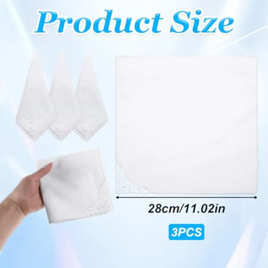 3 PCS White Soft Cotton Handkerchiefs for Women with Elegant Embroidery Lace Pure Color Square Hankies for Daily Use Perfect Ac