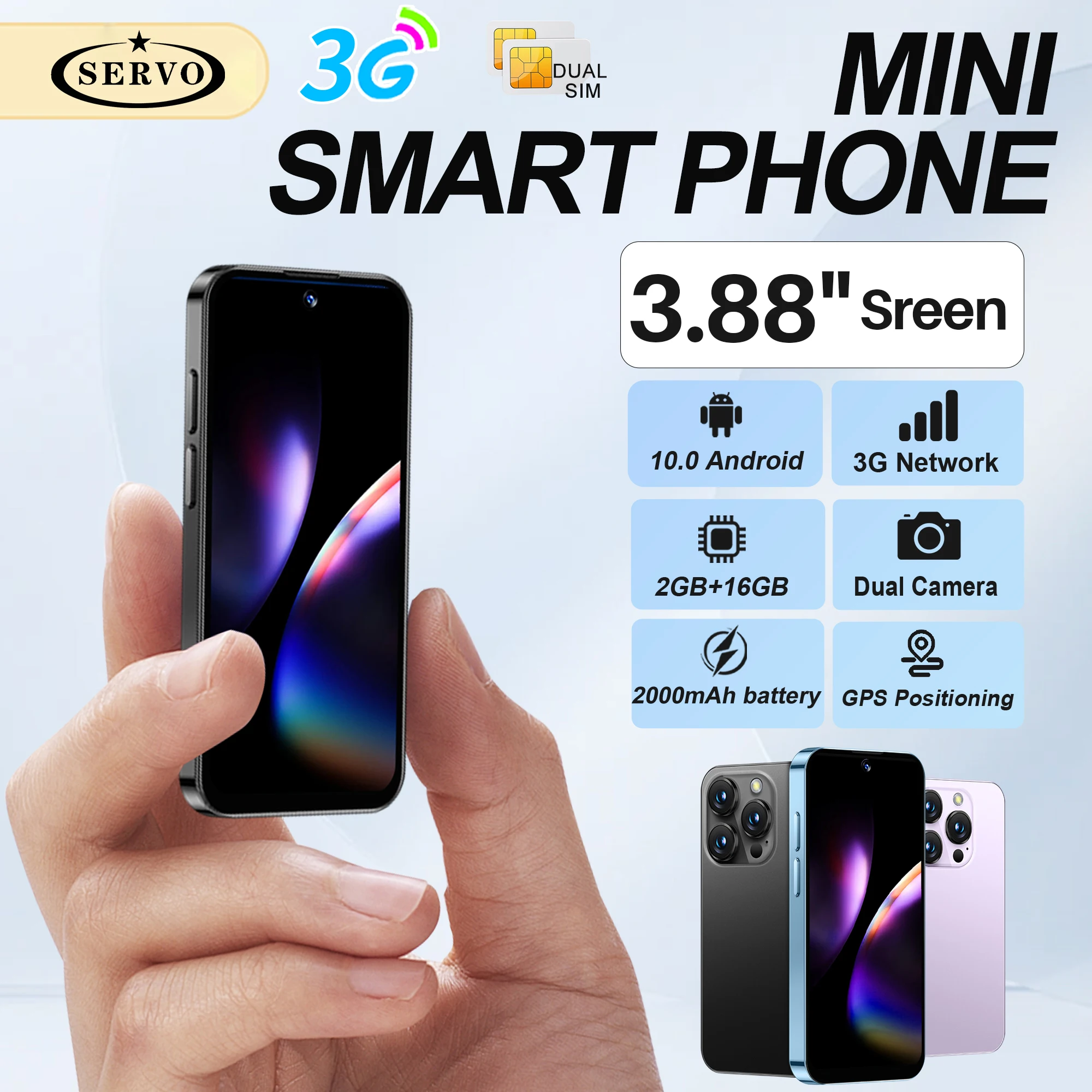 SERVO mini Smartphone 3.88’’ Display 3G WCDMA 2GB+16GB Dual SIM Cards Google Play Face Unlock WIFI GPS Small Mobile Phones