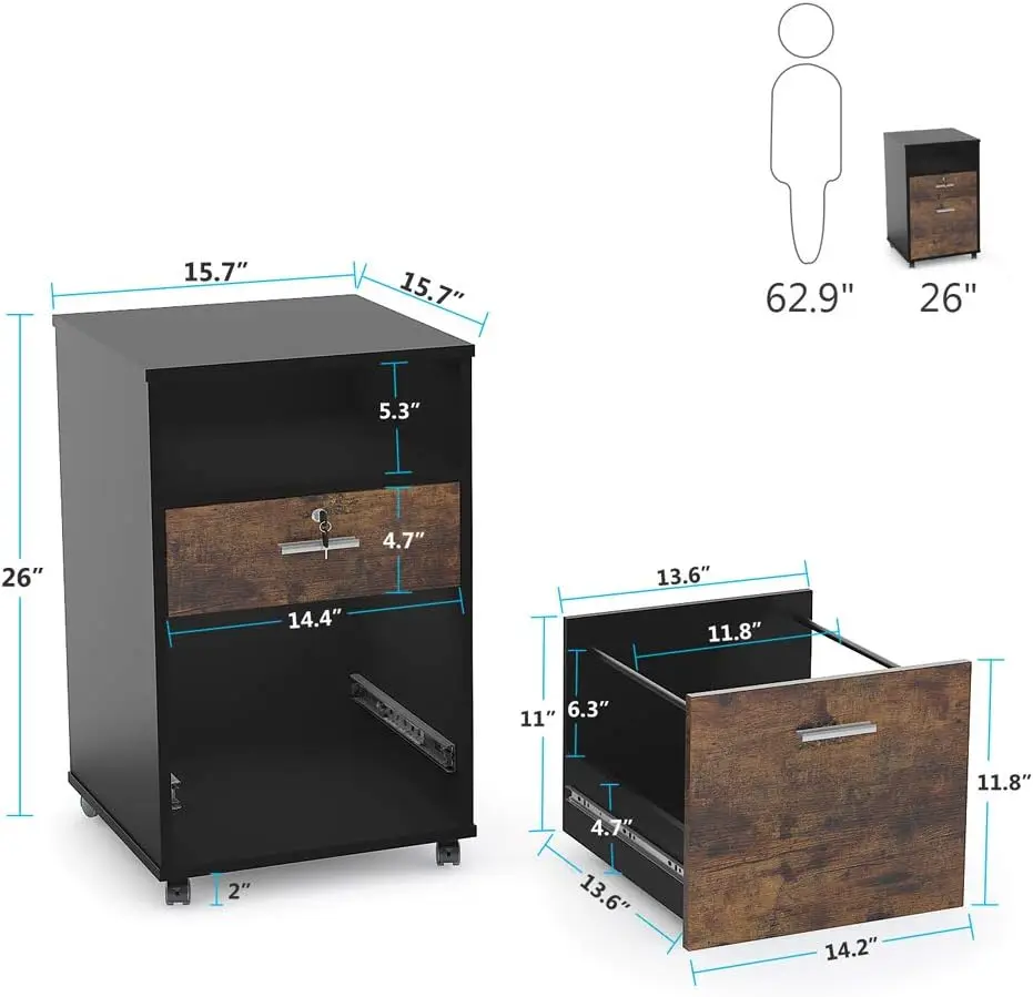 Archivador móvil de 2 cajones con cerradura, archivador moderno de madera para tamaño de carta, soporte para impresora con ruedas rodantes y estante de almacenamiento