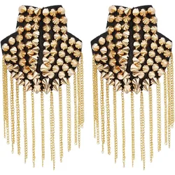 2Pcs Golden Rivet Tassel Epaulets Detachable Punk Style Chain Tassel Epaulettes Fringe Shoulders Boards Badge with Iron Pin