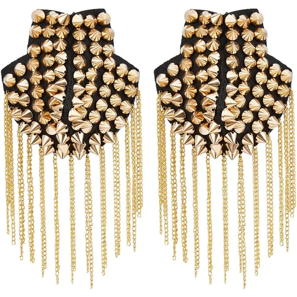 2Pcs Golden Rivet Tassel Epaulets Detachable Punk Style Chain Tassel Epaulettes Fringe Shoulders Boards Badge with Iron Pin