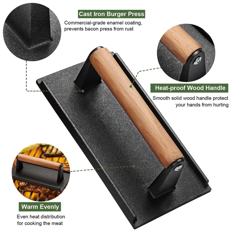 

FO-Grill Plate Grill Plate Burgers Press Heavy-Duty Cast Iron Smash Bacon Press Meat Steak With Wood Handle For Griddle, Sandwic