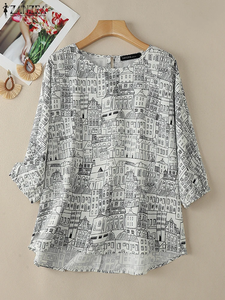 ZANZEA 2025 Frauen Koreanische Mode Gedruckt Bluse Herbst 3/4 Hülse Blusas Urlaub Oansatz Tops Femininas Beiläufige Lose Tuniken