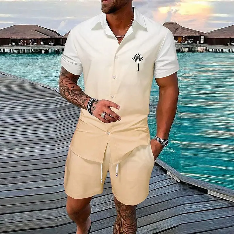 Europe and the United States Summer Men\'s Casual Shirt Set Hawaii Gradient 3D Printing Outdoor Short Sleeve Shorts 2-piece Set