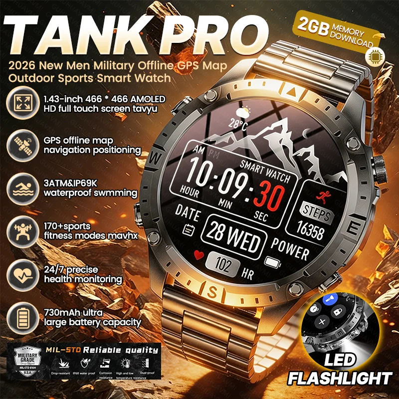 Neue Militär-Smartwatch TANK PRO mit GPS-Karte, 2 GB Speicher, LED-Taschenlampe, Bluetooth-Anruffunktion, 730 mAh Akku, für Herren, 3ATM wasserdicht