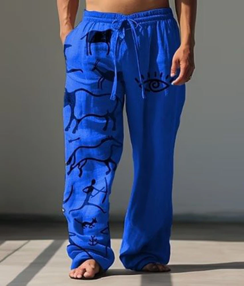 

2025 Men's Blue Loose - Fit Drawstring Pants - Unique Animal & Symbol Print, Super Comfy Trousers 6XL