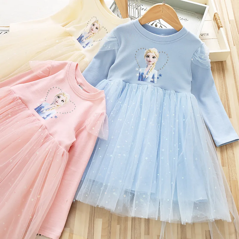 

Cartoon Anime Princess Elsa Long Sleeve Fluffy Dress Frozen Princess Girl's Costume Birthday Gift Children's Party Wear