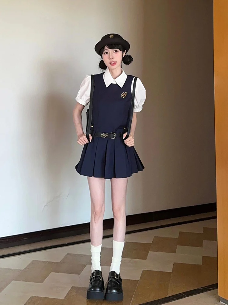 Корейский Sle School orm Dr Set JK orm Svel Антивозрастной плиссированный комбинезон Женский летний комплект из двух предметов