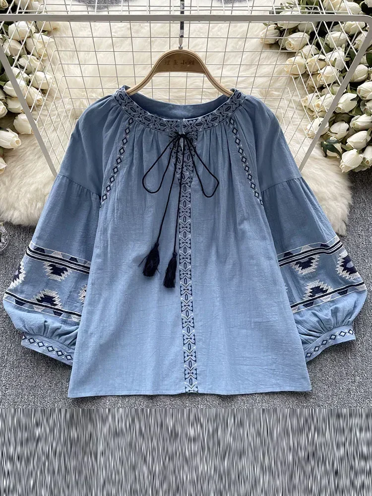 New Women\'s Spring  Autumn Retro Ethnic Style Top Embroidered Round Neck Long Sleeve Blouse Loose Shirt Top D4186