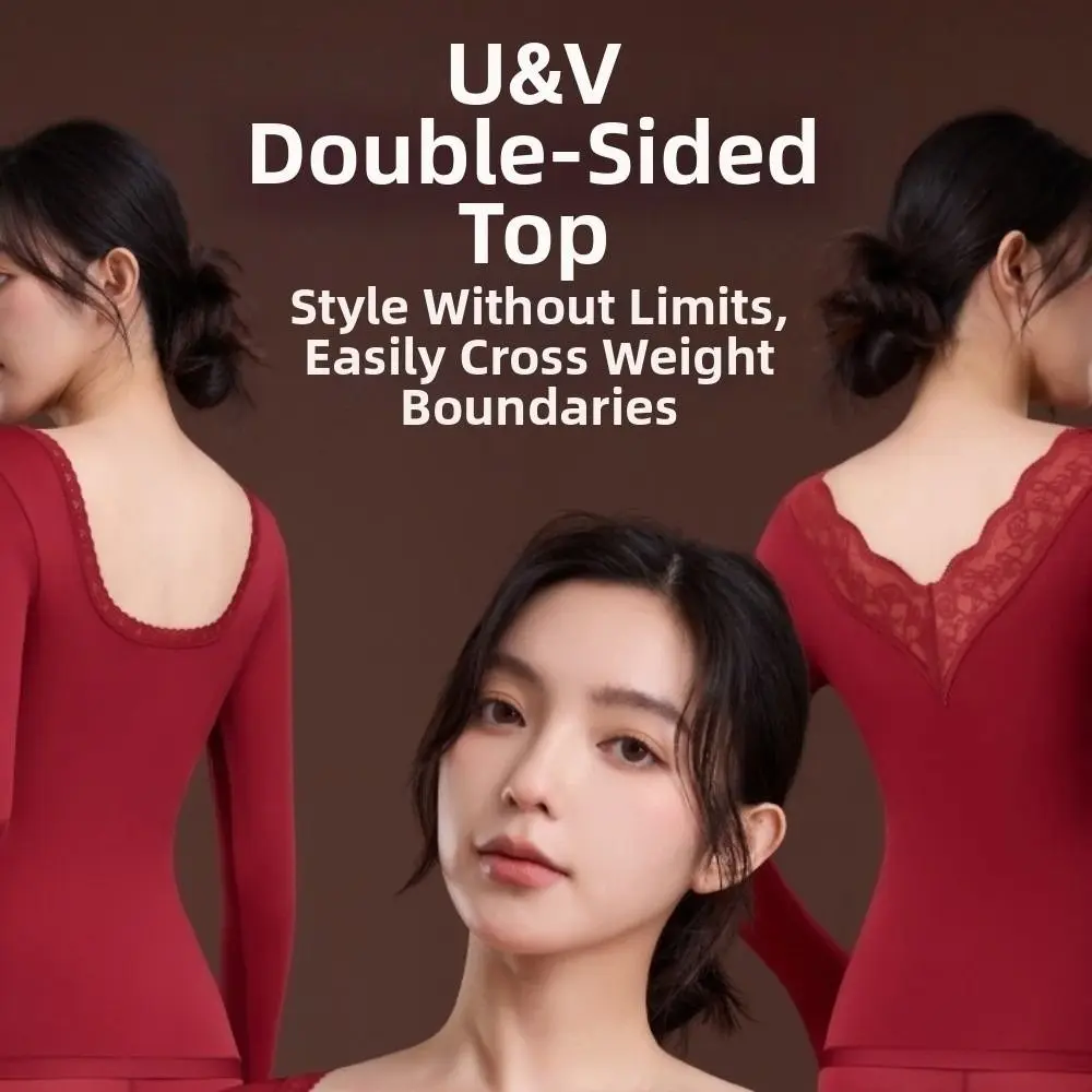 Tops and Pants Women Thermal Clothes Lace V Neck Ultra-thin Invisible Thermal Underwear Feel Heating Double-sided