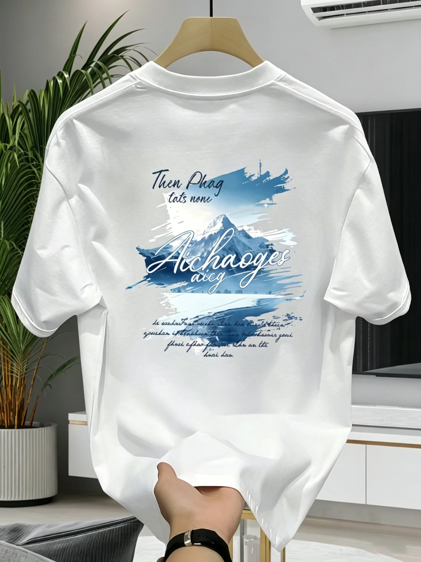 Vintage Glacier Mountain Blue Brush Stroke Letter Oversized Tshirt Men 100% Cotton Dual Print Hip Hop Loose Daily Short Sleeve T