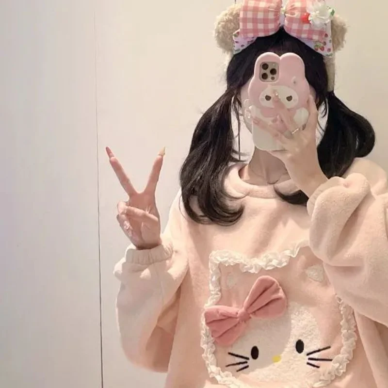 مرحبا كيتي لطيف المرجان المخملية منامة الجلباب الشتاء المخملية سميكة الفانيلا منتصف طول مقنعين ثوب النوم مجموعة ملابس المنزل