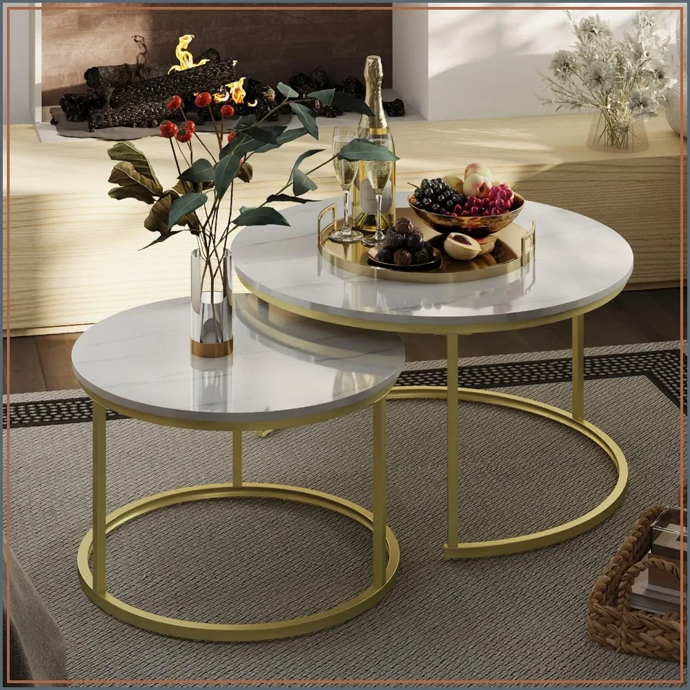 Nesting Tables Set of 2, Small Round Coffee Table for Living Room, Space Saving Accent Tables