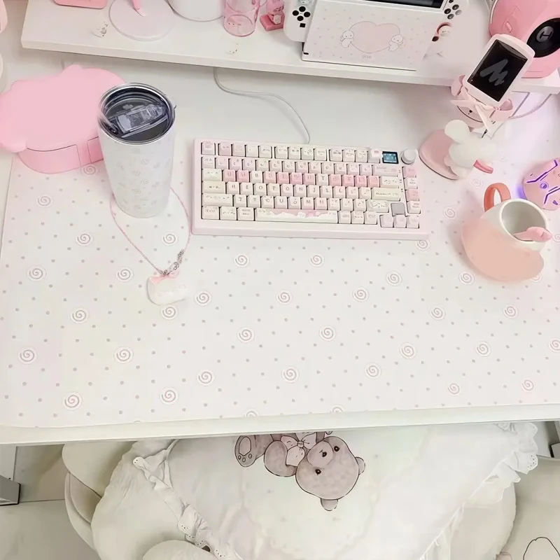 Tapete de mouse de couro PU XXL com bolinhas rosa fofo rolo de peixe |   Tapete de mesa de escritório para computador, laptop, teclado, desenho animado, tipo velocidade, jogos